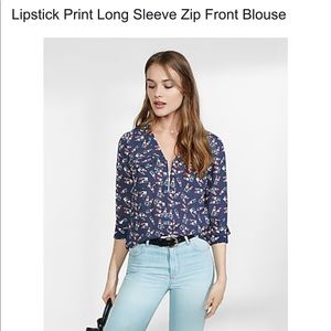 Express navy lipstick and polka dot blouse